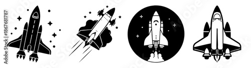 A collection of space rockets and shuttle silhouettes representing exploration and cosmic travel Vector
