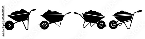 Four black silhouettes of wheelbarrows filled with soil, ready for gardening or construction work Vector