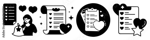 Collection of wishlist and favorite list icons with heart-shaped bullet points and stars Vector