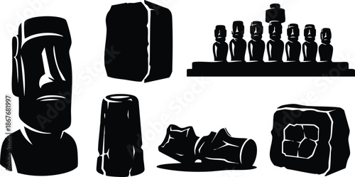 Silhouette vector close up of moai head and island statue models on white background arranged in top down and side views with stark high dramatic contrast