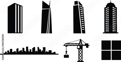 Flat design skyline and construction icons set with four building silhouettes crane window grid skyscraper tower side view aerial view black and white minimal icons collection