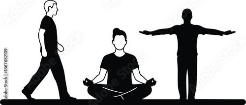 Flat design silhouette side view walking man meditating woman lotus pose standing man arms outstretched on horizontal platform minimal fitness wellness black white calm balance healthy