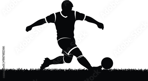 Silhouette vector soccer player striking ball with right foot low angle side view on grass field minimal flat design black silhouette dynamic kicking pose powerful motion