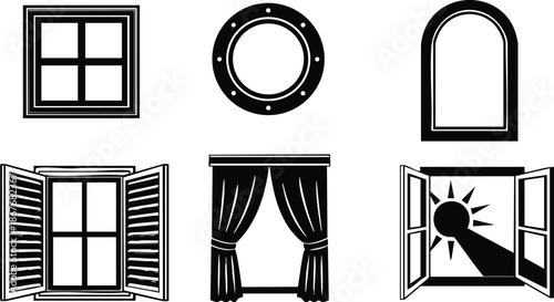 Minimalist vector window icon set showing six window types including four pane square porthole arched shuttered curtain and open sunburst view flat design black and white