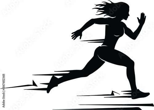 Silhouette vector dynamic low angle female sprinter running in full stride with flowing hair speed lines showing forward motion on track minimalist clean graphic black white