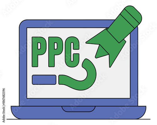 A cartoon laptop with a green arrow and PPC on the screen