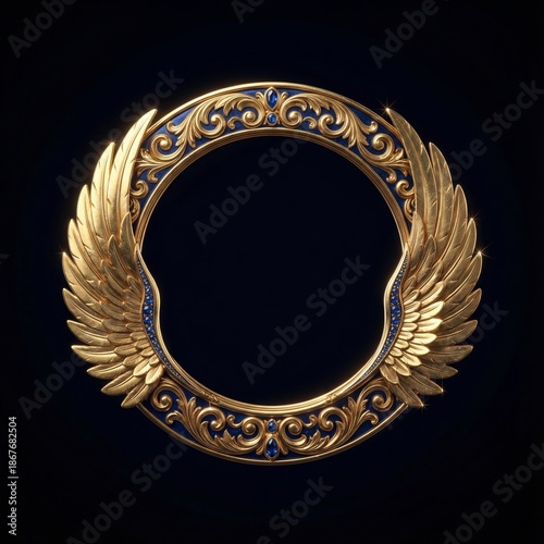 Elegant Gold Angel Wings Circular Frame in Dark Studio Photography