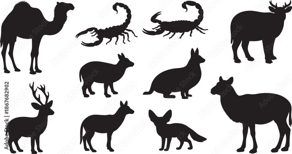 Obraz premium Collection of animal silhouettes featuring desert and wildlife creatures