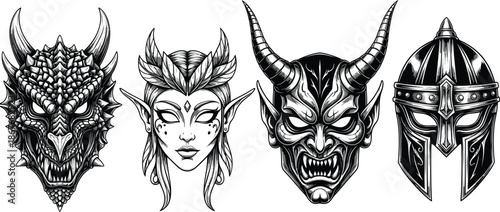 Fantasy demon and elf masks in a row
