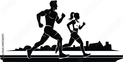Flat design silhouette side view running couple man and woman jogging on urban path skyline background dynamic stride athletic motion forward gaze wearing shorts and sneakers