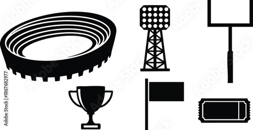 Minimalist flat vector stadium icons showing aerial stadium floodlight tower goalpost trophy flag and ticket silhouettes in bold black design close up simple sports fan set