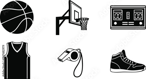 Flat design black basketball icon set showing ball hoop scoreboard jersey whistle sneaker arranged in neat grid with bold lines on white background clean minimal contrast