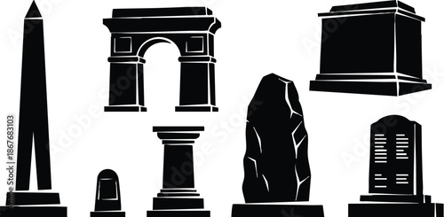 Flat design silhouette set showing seven monument and memorial plinths including tall obelisk triumphal arch classical column rough standing stone and inscribed tablet frontal isolated graphic