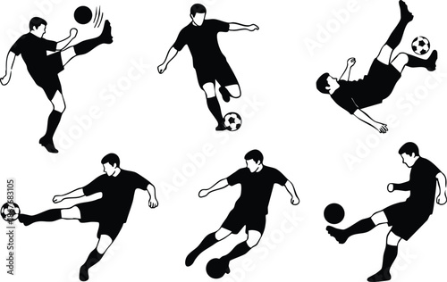 Silhouette vector flat design minimalist six soccer players performing bicycle kick volley dribble and juggling in dynamic poses side view and aerial angle black and white