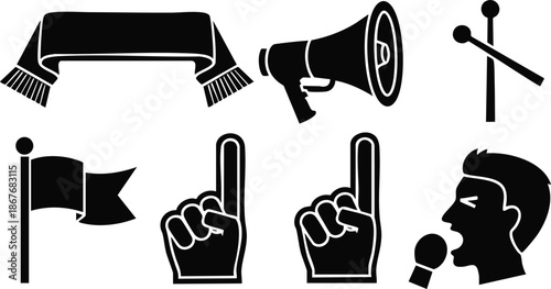 Flat vector sports fan icon set close up foam finger megaphone cheering fan profile waving flag drum sticks supporter scarf set bold silhouette monochrome
