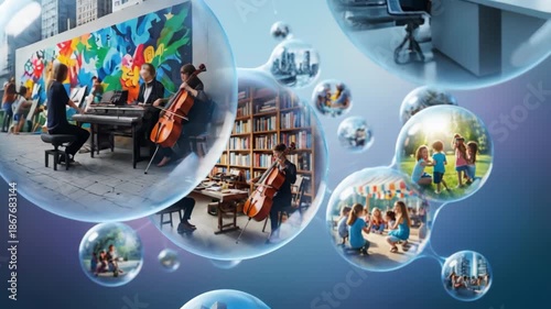 Conceptual Bubbles Showing Interconnected Worlds of Nature Science and Art.