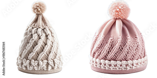 Two knit hats with pom poms on them. One is white and the other is pink