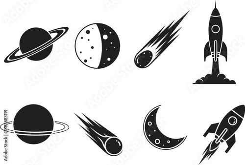 Black and white space icons including planets moons rockets and meteors