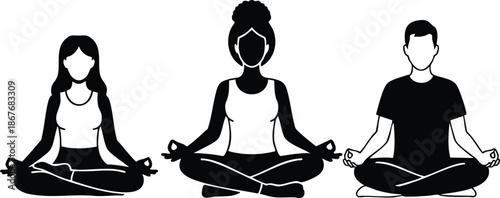 Flat design trio meditating in lotus pose three silhouettes sitting cross legged hands in gyan mudra studio wellness class calm minimal vector black white silhouette art