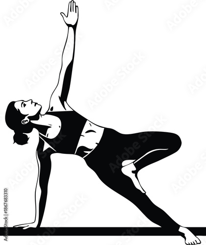 Minimalist vector side plank variation woman balancing with bent knee hand on floor raised arm looking up fitness yoga studio silhouette flat design black and white