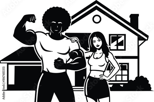 Flat design strongman and fit woman posing in front of suburban house low angle close up flexing arm looking at camera monochrome vector illustration confident portrait