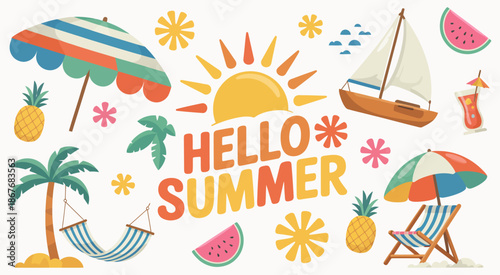 Colorful summer-themed doodle icon collection featuring beach items, fruits, travel symbols, and “Hello Summer” text, designed for digital illustrations, seasonal graphics, vacation designs, and playf
