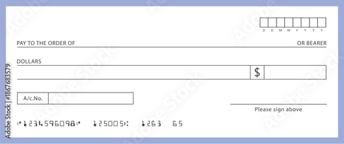 Blank bank check, checkbook cheque template or money payment paper voucher, vector mockup. Business or personal account cash pay cheque certificate or paycheck coupon from checkbook