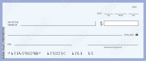 Blank bank check, checkbook cheque template or money payment paper voucher, vector mockup. Business or personal account cash pay cheque certificate or paycheck coupon from checkbook