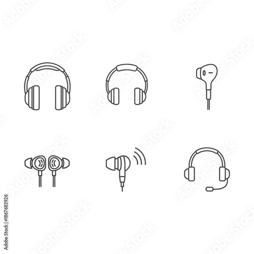 Line art illustrations of various headphone and earphone types shown in a grid