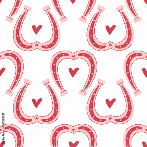A seamless pattern with cute pink heart shaped horseshoe. Valentine's day print for horse riders