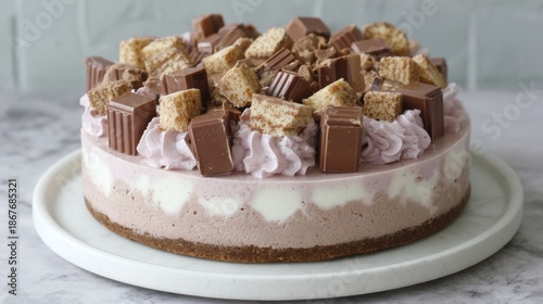 Triple layer cheesecake with chocolate chunks and crumb topping on marble