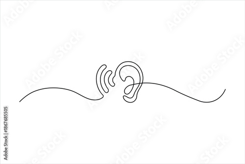 Continuous one-line drawing of an accessibility ear icon. Minimalist symbol for hearing assistance and inclusive design. Simple black line art.