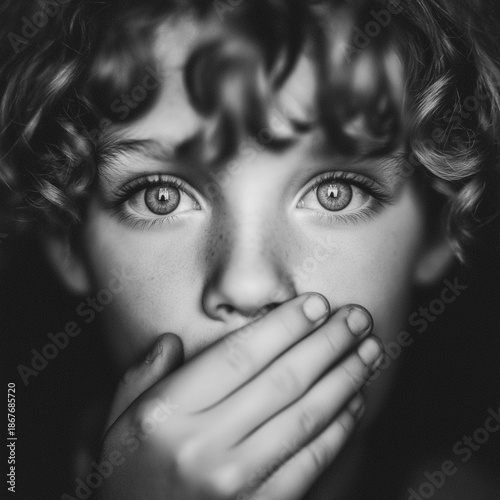 Black and white portrait of a young person with curly hair covering their mouth, conveying a sense of suppression or secrecy.
