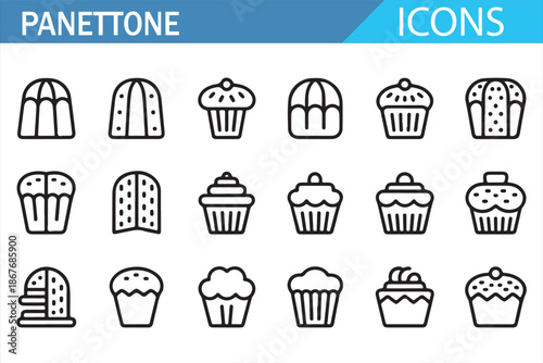 Panettone Icons Set, Italian Christmas Cake and Holiday Dessert Symbols Line Illustration Collection
