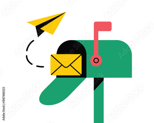 A colorful illustration of a green mailbox with a yellow envelope and paper airplane on a white background
