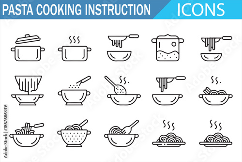 Pasta Preparation and Boiling Instruction Icons Set