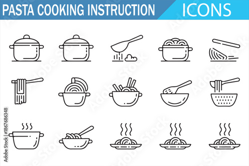 Pasta Recipe Instruction Icons for Kitchen and Cooking Guides