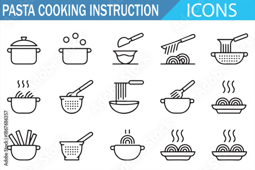 Italian Pasta Cooking Process Icons Set, Line Style Illustration