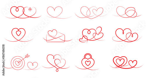Single Line Heart Illustration Set, Continuous Love Line Art Romantic Vector