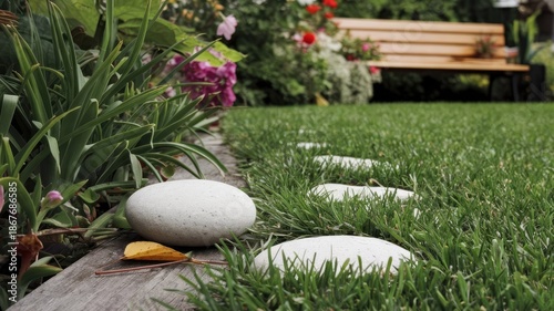 white stones in the garden on the grass