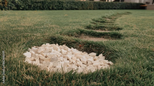 white stones in the garden on the grass