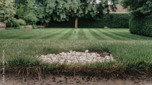 white stones in the garden on the grass