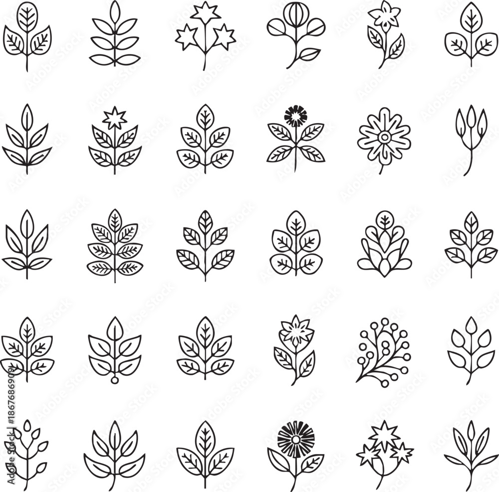 Fototapeta premium Collection of black and white botanical line of leaves and flowers 1