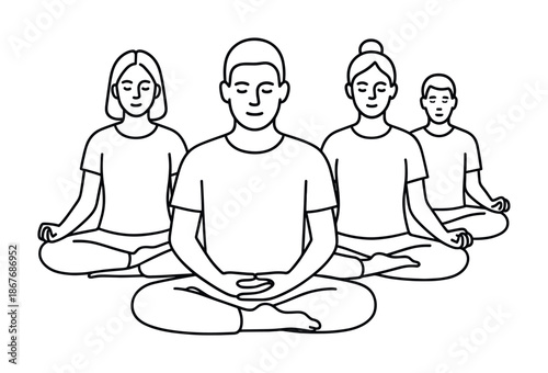 Minimal line art illustration of a group meditating in seated lotus pose, practicing mindfulness and relaxation together in a calm wellness session