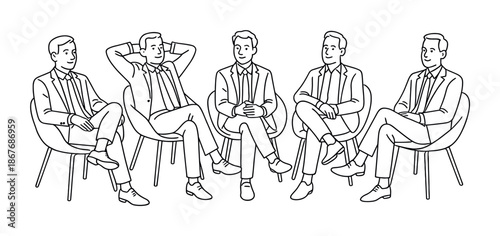 Minimal line art illustration of five suited businessmen seated in chairs, discussing in a meeting with relaxed and formal postures