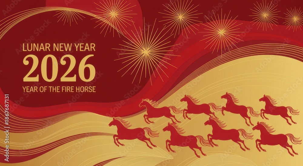 Naklejka premium Festive red and gold Lunar New Year 2026 design featuring horses and golden fireworks, representing celebration and the year of the Fire Horse 