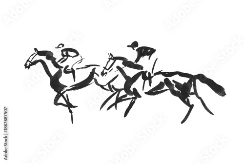 Obraz na płótnie Abstract silhouette drawing of race horse and jockey, hand drawn watercolour ske
