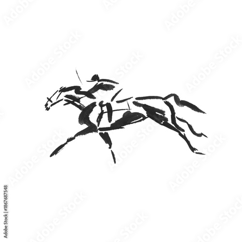 Cuadro en lienzo Abstract silhouette drawing of race horse and jockey, hand drawn watercolour ske