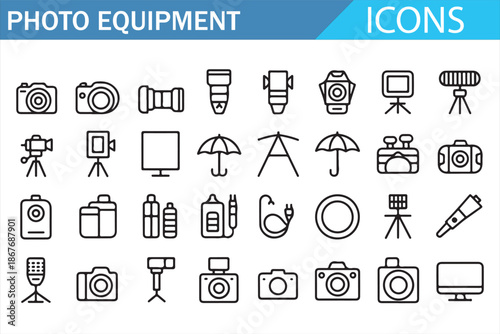 Photo Equipment and Photography Gear Icons Set