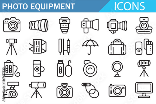 Camera and Photo Accessories Icons Collection, Line Style Illustration